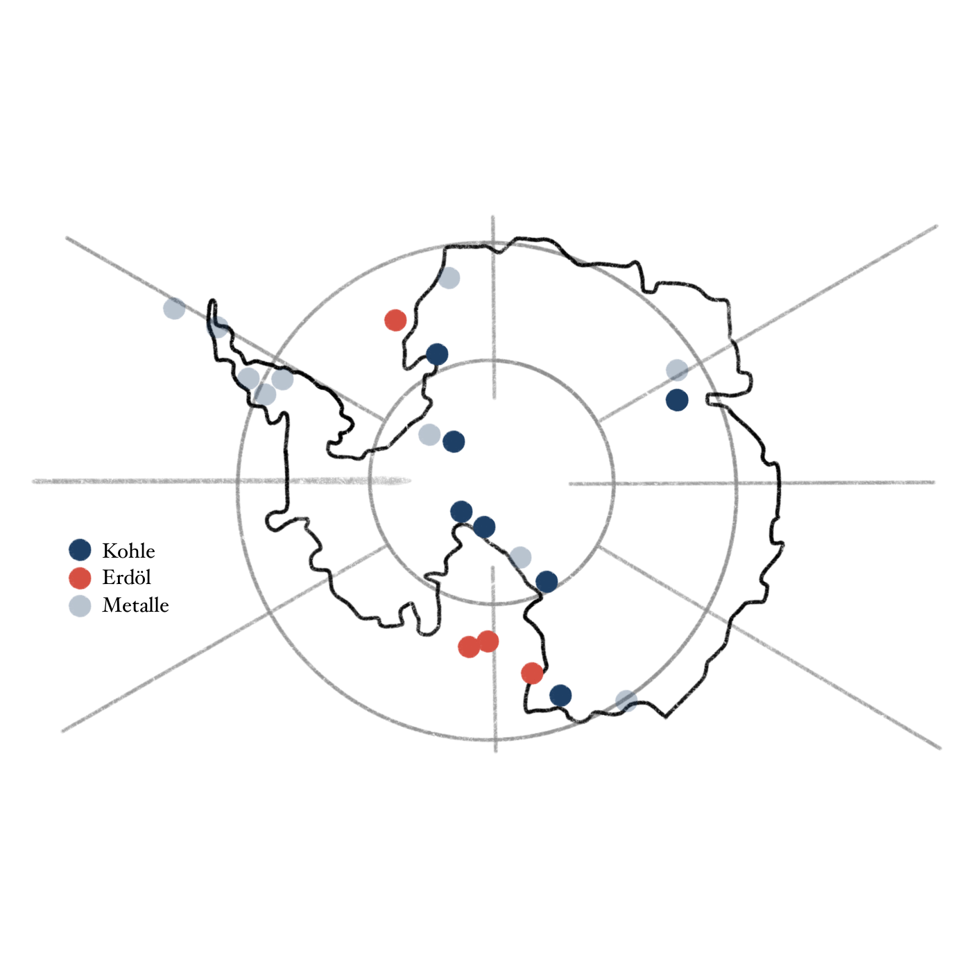 Ressourcen in der Antarktis auf Landkarte eingezeichnet