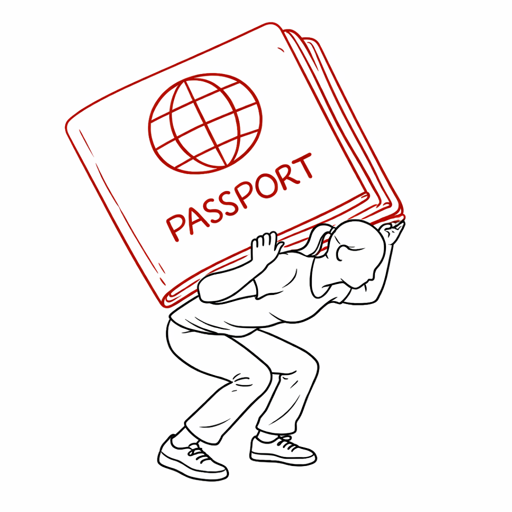 Reisepass auf den Schultern einer Frau. Ansicht von der Seite