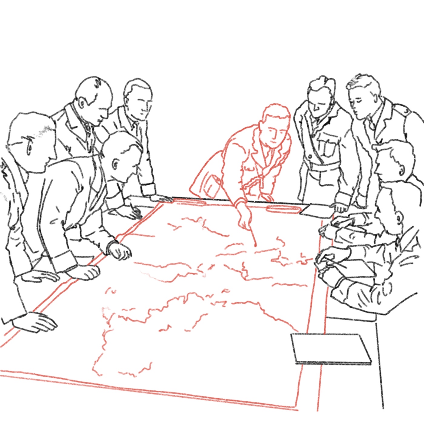 Illustration von Männern die auf eine Karte zeigen