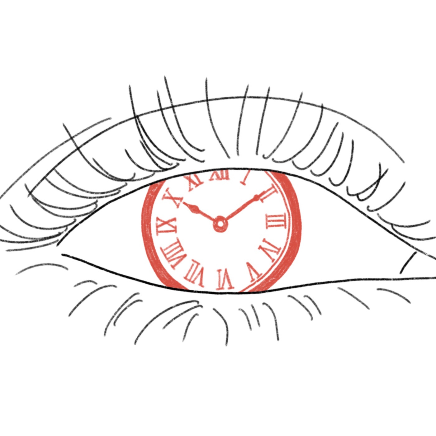 Ein Auge mit Wimpern und einer Uhr statt der Pupille