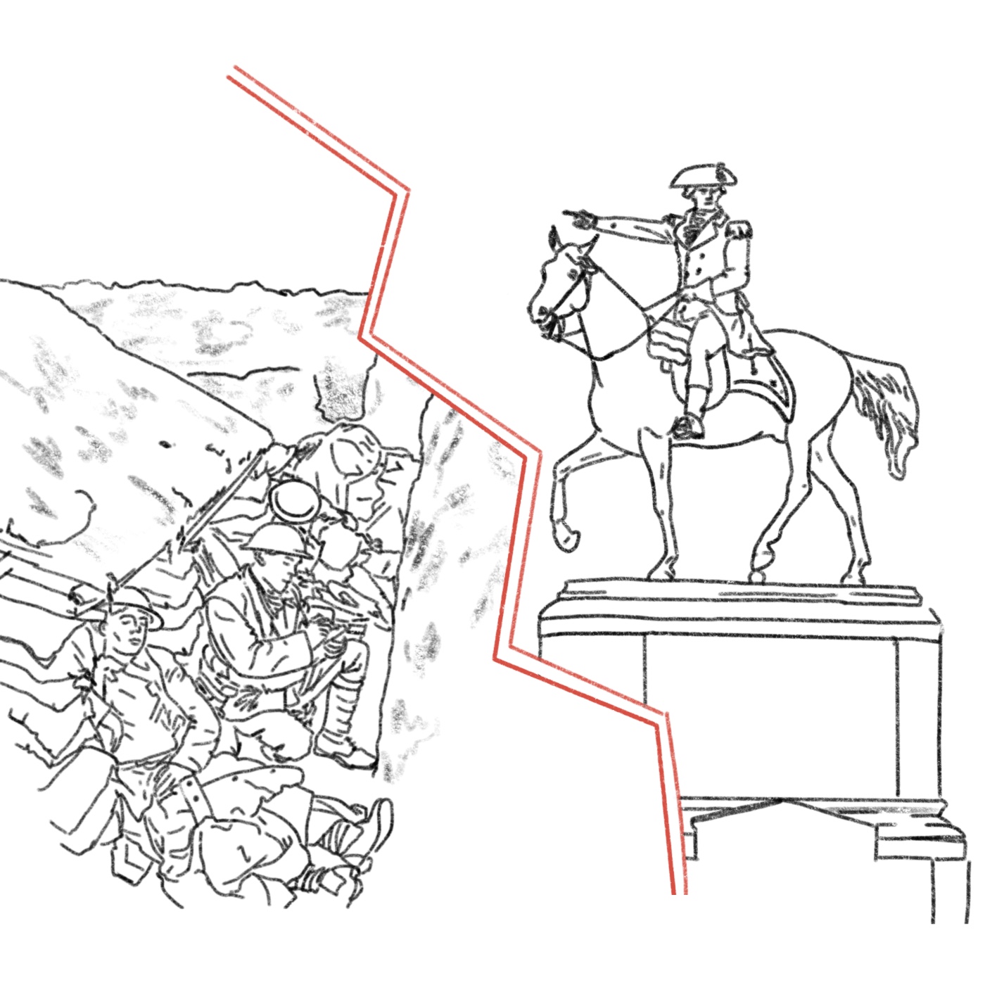 Links Soldaten im Schützengraben; rechts eine Statue eines Generals auf einem Pferd