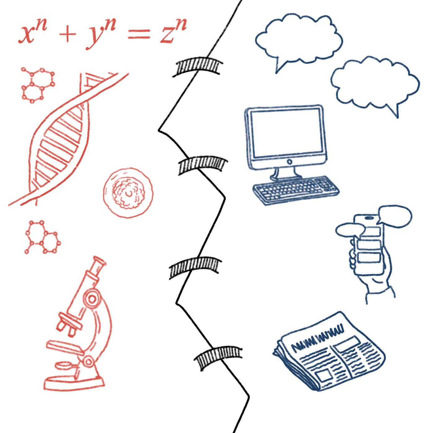 Wissenschaftliche Symbole links, Medien Rechts, dazwischen Brücken