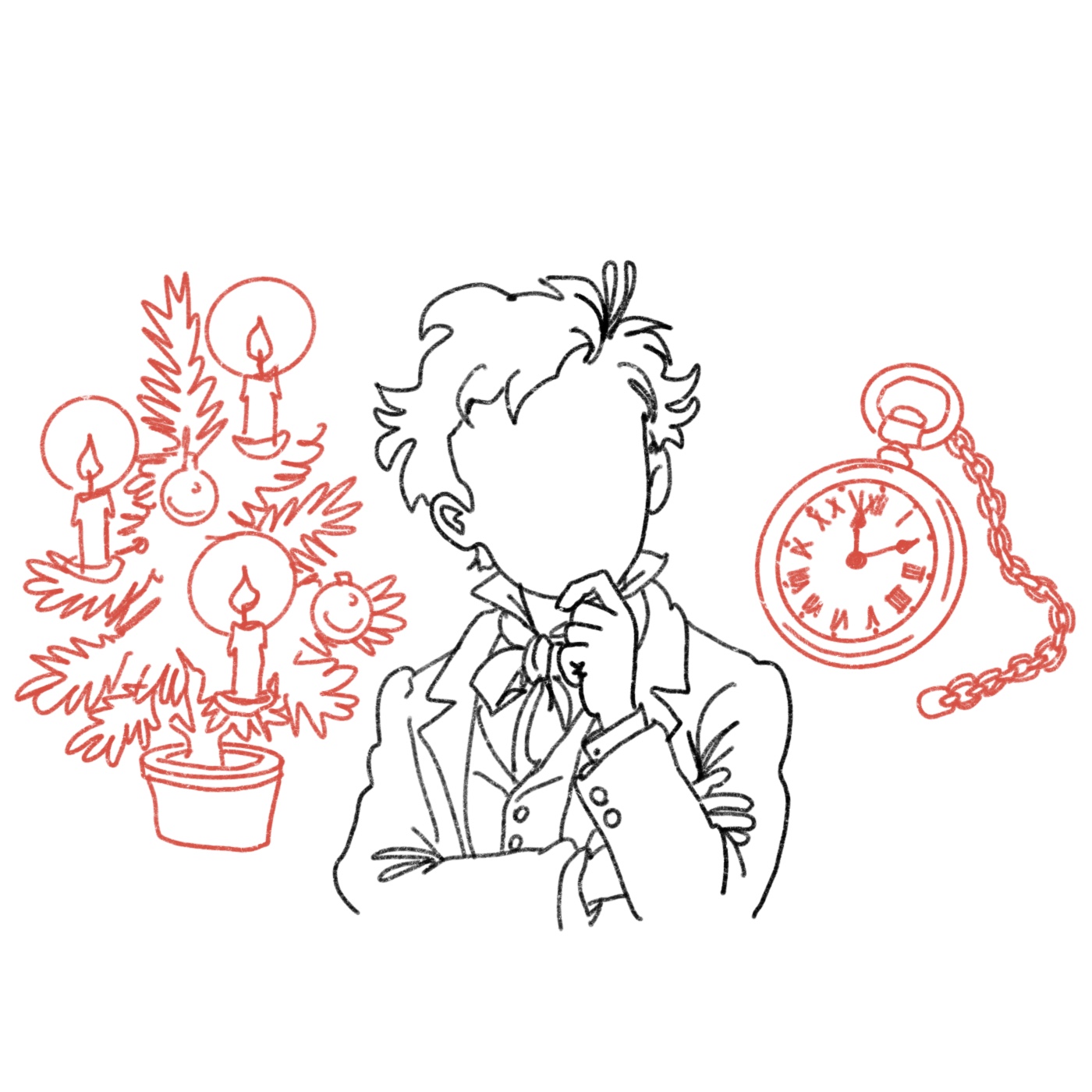 Karl May, links ein Weihnachtsbaum, rechts eine Uhr